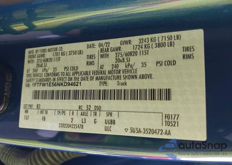 2022 Ford F-150 Xlt из США, поврежденный, VIN 1FTFW1E56NKD94621